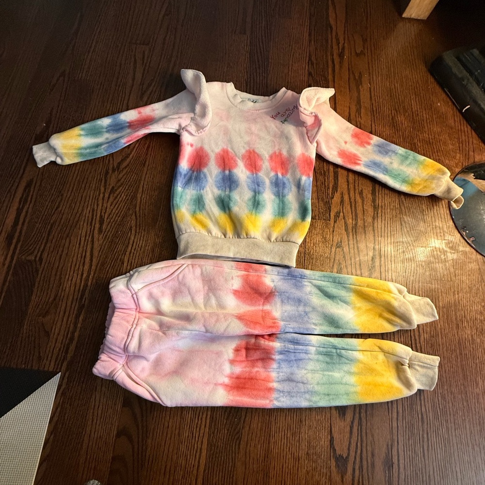 Lola + The Boys Tie-Dye Rainbow Ruffle Sweatshirt & Jogger Set - White Base
